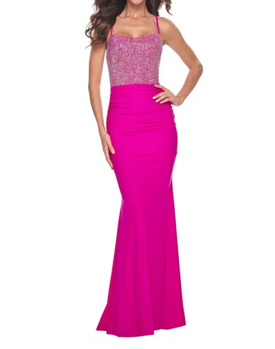 La Femme Fully Rhinestone Embellished Top Prom Dress In Hot Fuchsia In Pink