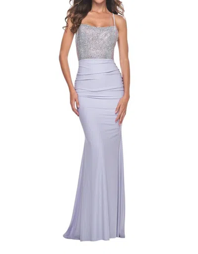 La Femme Fully Rhinestone Embellished Top Prom Dress In Light Periwinkle In Blue