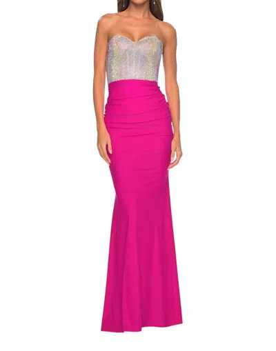 La Femme Fully Rhinestone Fishnet Bodice Prom Dress In Hot Fuchsia In Pink