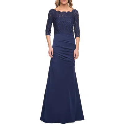 La Femme Gathered Mermaid Satin Gown With Lace Top
