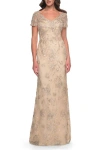 La Femme Gorgeous Beaded Long Gown With Short Sleeves And V Neck In Light Gold