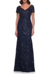 La Femme Gorgeous Beaded Long Gown With Short Sleeves And V Neck In Navy