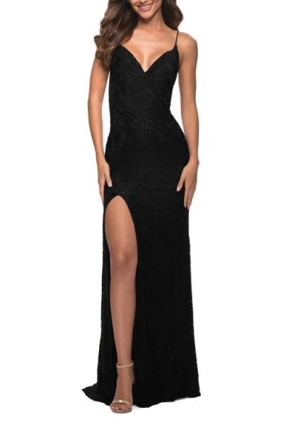La Femme Gorgeous Jewel Tone Tulle And Lace Mermaid Gown In Black