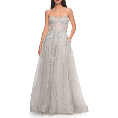 La Femme Gorgeous Lace A-line Dress With Rhinestone Lace Details