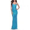 La Femme Gorgeous Print Sequin Dress With Lace Up Back In Aqua
