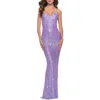 La Femme Gorgeous Print Sequin Dress With Lace Up Back In Lavender
