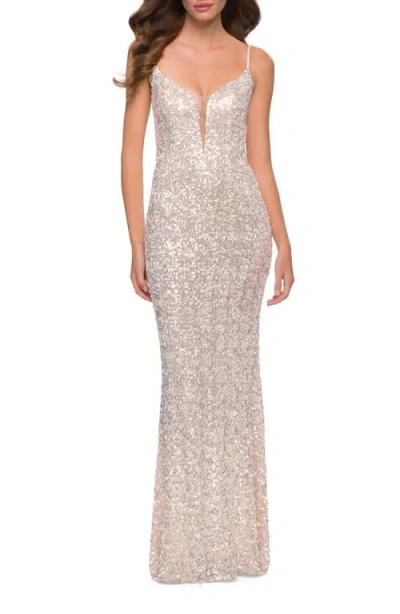 La Femme Gorgeous Sequin Dress With V Neck And Open Back In Champagne