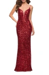 La Femme Gorgeous Sequin Dress With V Neck And Open Back In Red