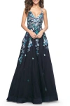 La Femme Gorgeous Sequin Floral Lace Applique A-line Tulle Prom Dress