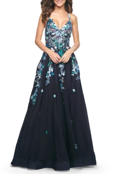 La Femme Gorgeous Sequin Floral Lace Applique A-line Tulle Prom Dress