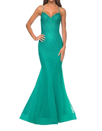 La Femme Gorgeous V Neckline Mermaid Prom Dress In Jade In Green