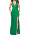 LA FEMME HALTER GOWN IN BRIGHT EMERALD