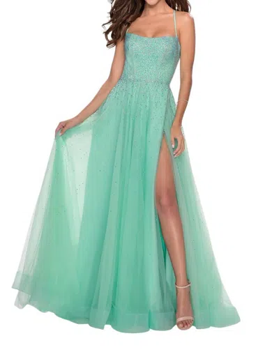 La Femme Heavily Beaded Bodice Prom Dress In Mint In Blue