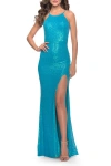 La Femme High Neck Long Sequin Gown With Open Back