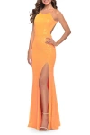 La Femme High Neck Long Sequin Gown With Open Back
