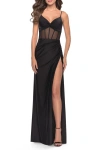 La Femme Illusion Bodice Dress With Boning And Twist Detail In Black