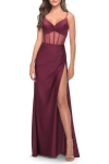 La Femme Illusion Bodice Dress With Boning And Twist Detail In Dark Berry
