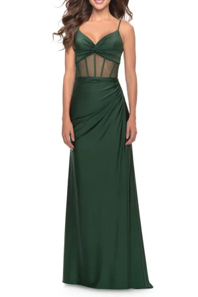 La Femme Illusion Bodice Dress With Boning And Twist Detail In Emerald