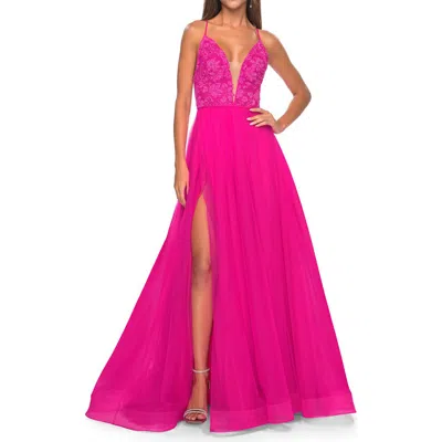 La Femme Illusion Lace Bodice A-line Tulle Prom Dress With Slit In Hot Fuchsia