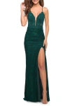 La Femme Illusion Lace Gown With Deep V Neckline In Dark Emerald