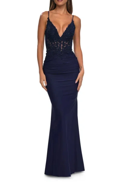 La Femme Illusion Lace V Neck Top With Jersey Skirt Dress