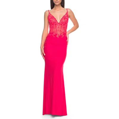 La Femme Illusion Lace V-neck Top With Jersey Skirt Dress In Orange