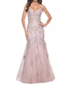 La Femme Mermaid Lace Embellished Gown With Illusion Top In Pink