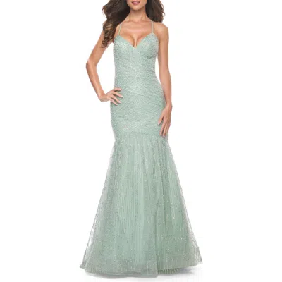 La Femme Intricate Beaded And Rhinestone Mermaid Prom Dress In Green