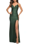 La Femme Intricate Criss-cross Ruched Bodice Prom Dress In Dark Emerald