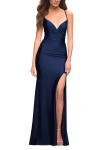 La Femme Intricate Criss-cross Ruched Bodice Prom Dress In Navy