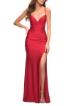 La Femme Intricate Criss-cross Ruched Bodice Prom Dress In Red