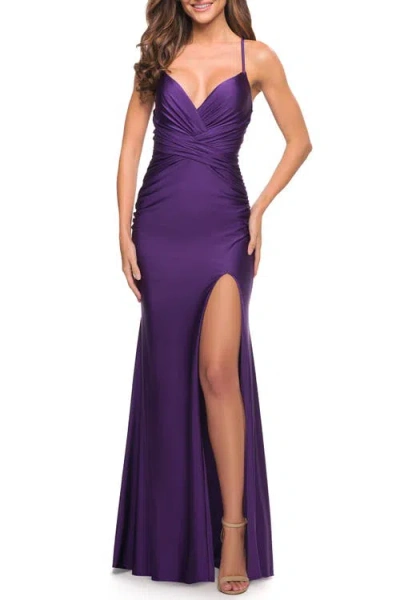 La Femme Intricate Criss-cross Ruched Bodice Prom Dress In Royal Purple