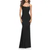 La Femme Intricate Lace Up Back Jersey Gown With Ruching In Black