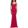 La Femme Intricate Lace Up Back Jersey Gown With Ruching In Red