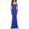 La Femme Intricate Lace Up Back Jersey Gown With Ruching In Royal Blue