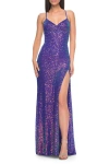 La Femme Irridescent Sequin Long Prom Gown With Lace Up Back