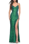 La Femme Irridescent Sequin Long Prom Gown With Lace Up Back