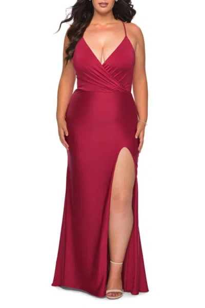 LA FEMME LA FEMME JERSEY DRESS FOR CURVES WITH SLIT AND CRISS CROSS BACK