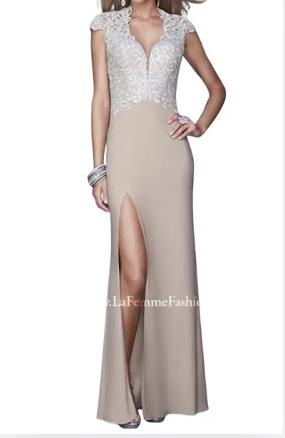 La Femme Jersey Dress With An Elegant Embroidered Bodice And Sheer Cap Sleeves. In Nude In Brown