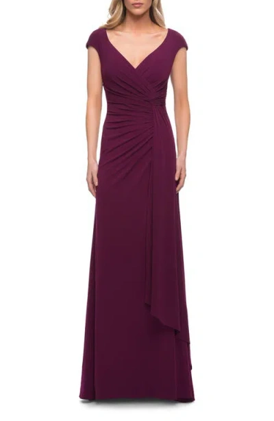 La Femme Jersey Dress With Knot At Waist And Short Sleeves In Dark Berry