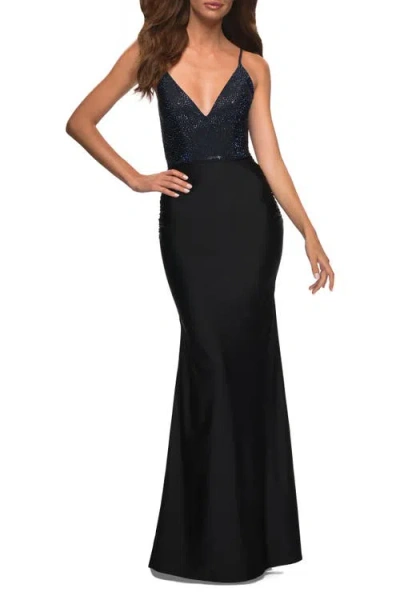 La Femme Jersey Dress With Rhinestone Beaded Top And V Neck In Black