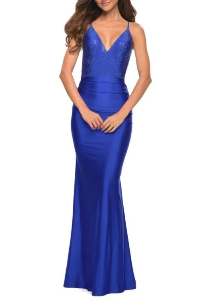 La Femme Jersey Dress With Rhinestone Beaded Top And V Neck In Blue