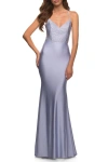 La Femme Jersey Dress With Rhinestone Beaded Top And V Neck In Purple