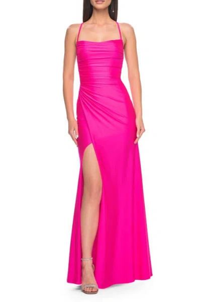 La Femme Jersey Dress With Square Neckline And Ruching In Neon Pink