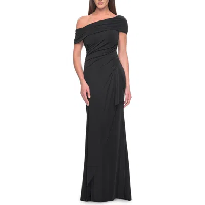 La Femme Jersey Evening Gown With Asymmetrical Neckline In Black