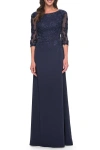 La Femme Jersey Gown With Boat Neckline And Lace Detailing In Navy