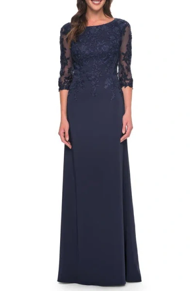 La Femme Jersey Gown With Boat Neckline And Lace Detailing In Navy
