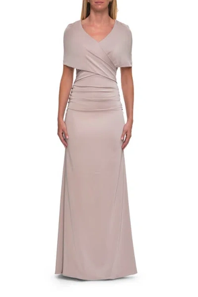 La Femme Jersey Gown With Draped Bodice And Short Sleeves In Neutral