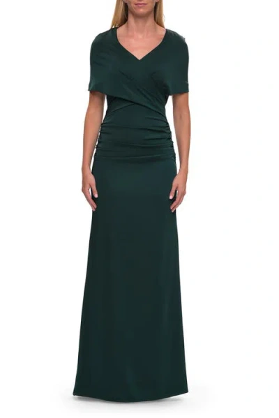 La Femme Jersey Gown With Draped Bodice And Short Sleeves In Green