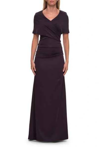 La Femme Jersey Gown With Draped Bodice And Short Sleeves In Purple